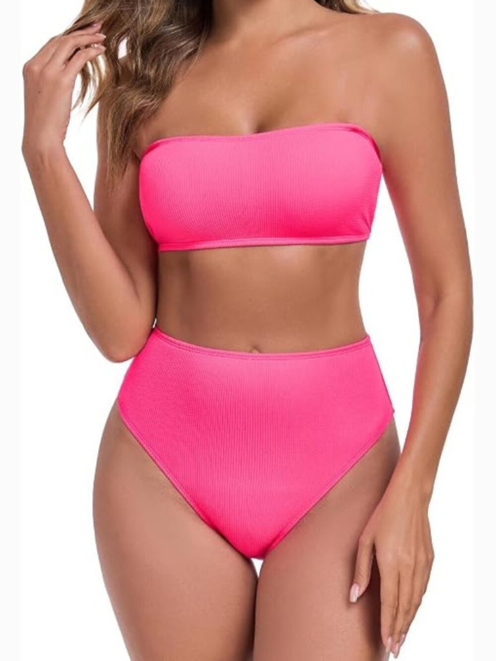 Bandeau Bikini Set with High-Waisted Bottoms and Lace-Up Top w/ Removable Straps